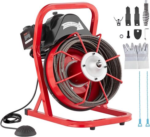 VEVOR Drain Cleaner Machine 75FT x 1/2 Inch, Sewer Snake Auger Manual Feed, 370W Electric Drain Cleaning Machine with 4 Cutters & Air-activated Foot Switch for 2" to 4" Pipes in Saudi Arabia