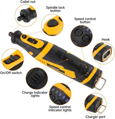 Hoteche Mini Cordless Rotary Tool Kit 5-Speed 8V Li-ion Battery with 42 Accessories - Precision Multi-Purpose Electric Rotary Tool for Grinding, Sanding, Cutting and Engraving in Kuwait