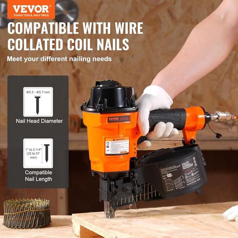 VEVOR Coil Siding Nailer MCN55، 1 بوصة إلى 2-1/4 بوصة 15 درجة مسدس أظافر هوائي، 70-120PSI مسمار لفائف الهواء للانحياز، تغليف البليت، المبارزة، التزيين in Kuwait