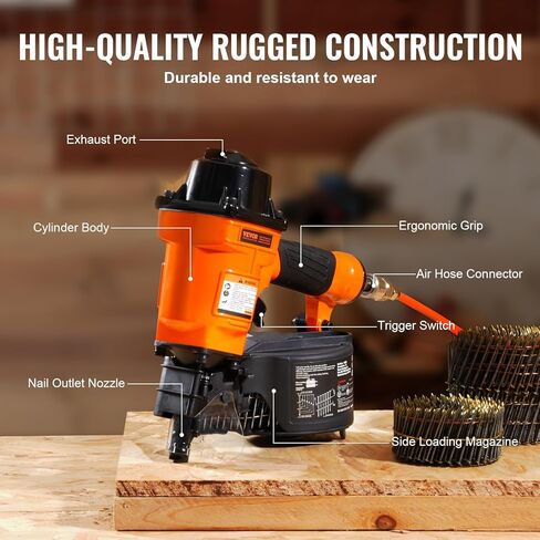 VEVOR Coil Siding Nailer MCN55، 1 بوصة إلى 2-1/4 بوصة 15 درجة مسدس أظافر هوائي، 70-120PSI مسمار لفائف الهواء للانحياز، تغليف البليت، المبارزة، التزيين in Kuwait