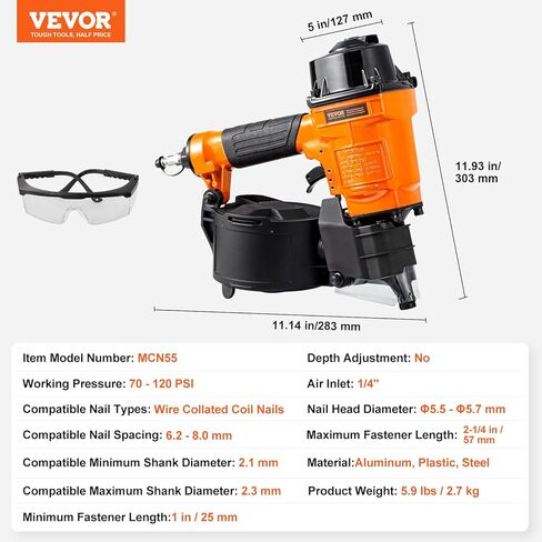 VEVOR Coil Siding Nailer MCN55، 1 بوصة إلى 2-1/4 بوصة 15 درجة مسدس أظافر هوائي، 70-120PSI مسمار لفائف الهواء للانحياز، تغليف البليت، المبارزة، التزيين in Kuwait