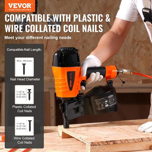 VEVOR Coil Siding Nailer CN65, 1-1/4" to 2-1/2" 15 Degree Pneumatic Siding Nail Gun with Tool-Less Depth Adjustment, 70-120PSI Air Coil Nailer for Siding, Pallet Sheathing, Wooding, Fencing, Decking in Saudi Arabia