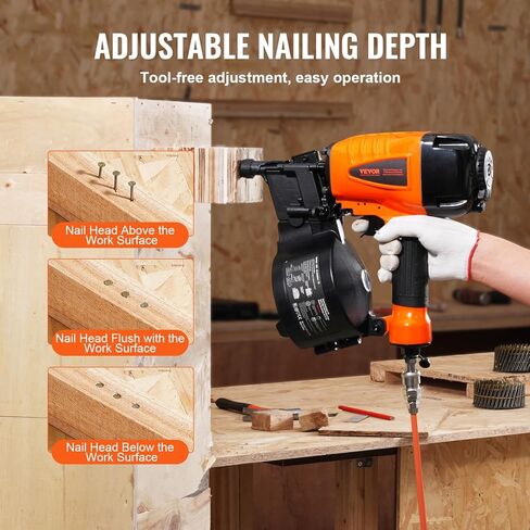 VEVOR Coil Siding Nailer CN65, 1-1/4" to 2-1/2" 15 Degree Pneumatic Siding Nail Gun with Tool-Less Depth Adjustment, 70-120PSI Air Coil Nailer for Siding, Pallet Sheathing, Wooding, Fencing, Decking in Saudi Arabia
