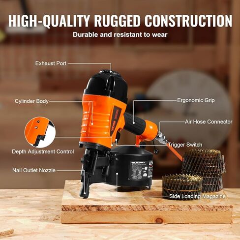 VEVOR Coil Siding Nailer CN65, 1-1/4" to 2-1/2" 15 Degree Pneumatic Siding Nail Gun with Tool-Less Depth Adjustment, 70-120PSI Air Coil Nailer for Siding, Pallet Sheathing, Wooding, Fencing, Decking in Saudi Arabia