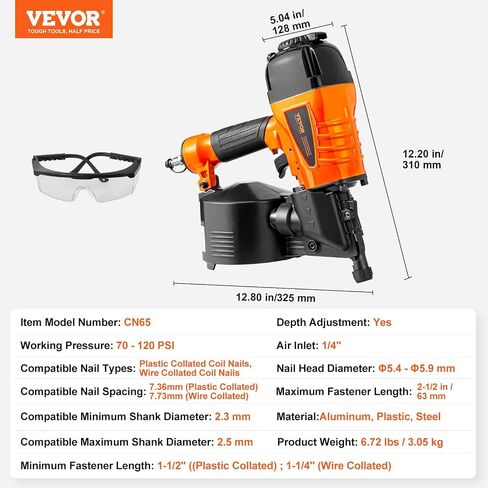 VEVOR Coil Siding Nailer CN65, 1-1/4" to 2-1/2" 15 Degree Pneumatic Siding Nail Gun with Tool-Less Depth Adjustment, 70-120PSI Air Coil Nailer for Siding, Pallet Sheathing, Wooding, Fencing, Decking in Saudi Arabia