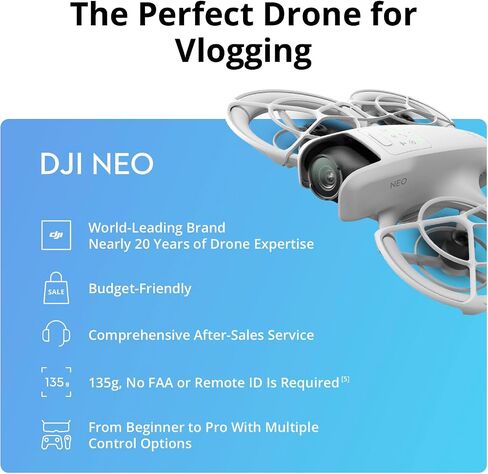 DJI Neo, Mini Drone with 4K UHD Camera for Adults, 135g Self Flying Drone that Follows You, Palm Takeoff, AI Subject Tracking, QuickShots, Stabilized Video, Built-In Propeller Guard (Controller-Free) in Saudi Arabia