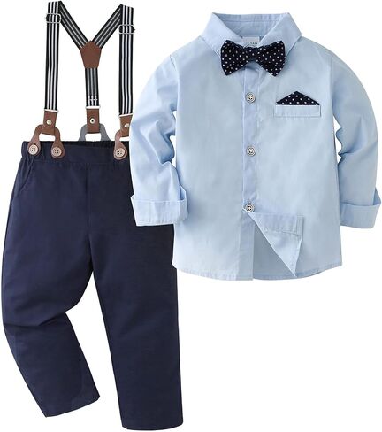 CARETOO Toddler Boy Clothes Suit Gentleman Wedding Outfits Kids Formal Dress Shirt Bowtie Long Suspender Pants Overalls 1-5T in Kuwait
