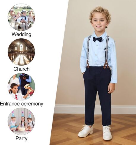 CARETOO Toddler Boy Clothes Suit Gentleman Wedding Outfits Kids Formal Dress Shirt Bowtie Long Suspender Pants Overalls 1-5T in Kuwait