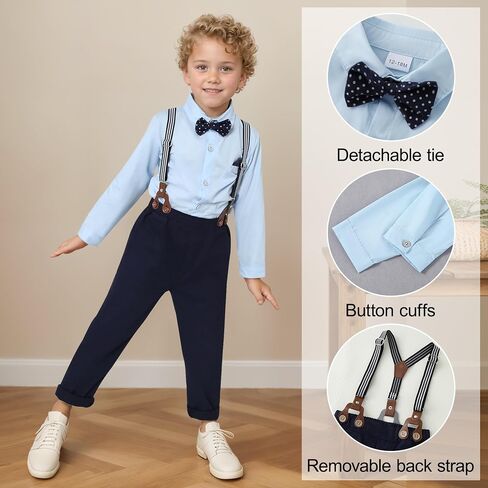 CARETOO Toddler Boy Clothes Suit Gentleman Wedding Outfits Kids Formal Dress Shirt Bowtie Long Suspender Pants Overalls 1-5T in Kuwait