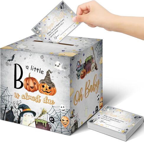 Teling 51 Pcs Halloween Diaper Raffle Tickets with Diaper Raffle Card Box a Little Boo Is Almost Due Baby Shower Decorations Baby Shower Holder Box for Girl Boy Diaper Raffle Party in Saudi Arabia