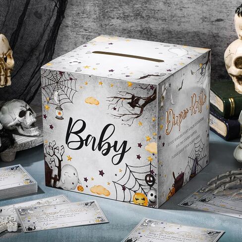 Teling 51 Pcs Halloween Diaper Raffle Tickets with Diaper Raffle Card Box a Little Boo Is Almost Due Baby Shower Decorations Baby Shower Holder Box for Girl Boy Diaper Raffle Party in Saudi Arabia