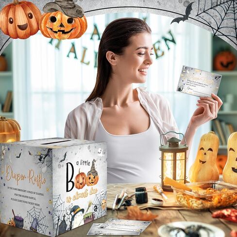 Teling 51 Pcs Halloween Diaper Raffle Tickets with Diaper Raffle Card Box a Little Boo Is Almost Due Baby Shower Decorations Baby Shower Holder Box for Girl Boy Diaper Raffle Party in Saudi Arabia
