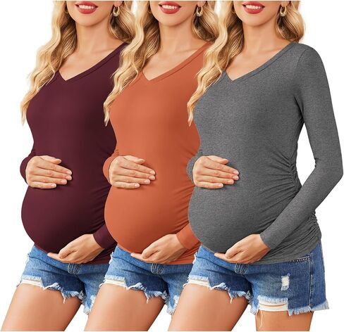 Ekouaer Womens Maternity Shirts Long Sleeve 3 Packs Pregnancy V-Neck Clothes Tunic Blouse Fall Tops for Mama S-XXL in Kuwait