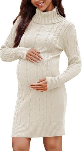 Langwyqu Womens Maternity Sweater Dress Cable Knit Sexy Bodycon Turtleneck Long Sleeve Mini Fall Sweaters Dresses in Saudi Arabia
