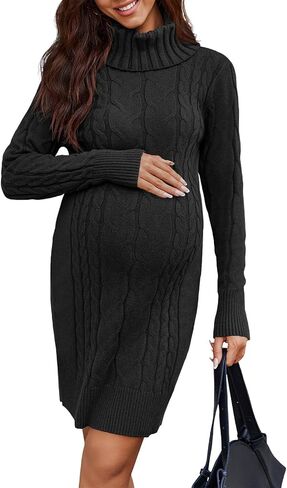Langwyqu Womens Maternity Sweater Dress Cable Knit Sexy Bodycon Turtleneck Long Sleeve Mini Fall Sweaters Dresses in Saudi Arabia