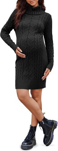 Langwyqu Womens Maternity Sweater Dress Cable Knit Sexy Bodycon Turtleneck Long Sleeve Mini Fall Sweaters Dresses in Saudi Arabia