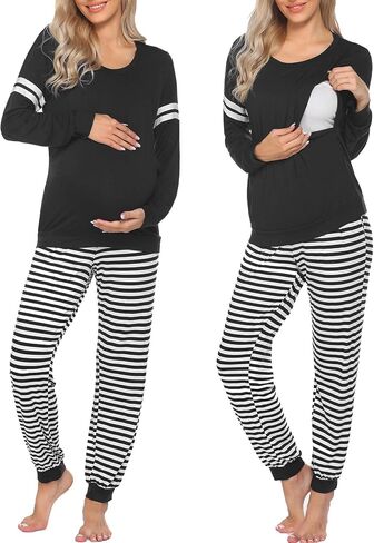 Ekouaer Maternity Pajama Set Nursing Pjs Women Breastfeeding Pregnancy Postpartum Clothes Long Sleeve Top & Pant with Pockets in Saudi Arabia