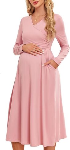 Women's 2024 Fall Patchwork Maternity Nursing Dress with Pockets Long Sleeve V Neck Clothes Midi Pregnancy Dresses in Saudi Arabia