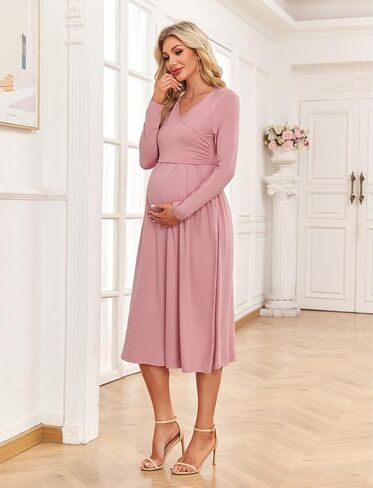 Women's 2024 Fall Patchwork Maternity Nursing Dress with Pockets Long Sleeve V Neck Clothes Midi Pregnancy Dresses in Saudi Arabia