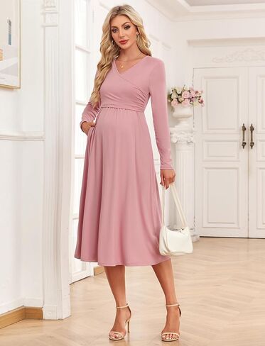 Women's 2024 Fall Patchwork Maternity Nursing Dress with Pockets Long Sleeve V Neck Clothes Midi Pregnancy Dresses in Saudi Arabia