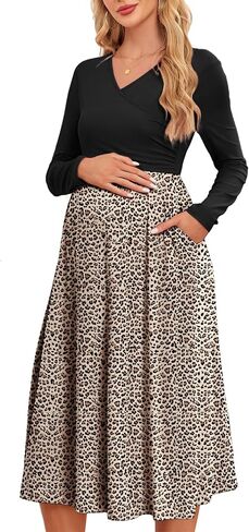 Women's 2024 Fall Patchwork Maternity Nursing Dress with Pockets Long Sleeve V Neck Clothes Midi Pregnancy Dresses in Saudi Arabia