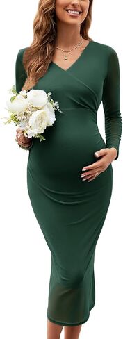 Maternity Cocktail Dress Sparkly Mesh Wrap Bodycon Baby Shower Wedding Guest Pregnancy Shoot Fall V Neck Formal in Saudi Arabia