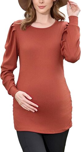 Ecavus Women's Maternity Shirts Ribbed Puff Long Sleeve Tunic Tops Side Ruched Casual Pregnancy Clothes in Saudi Arabia