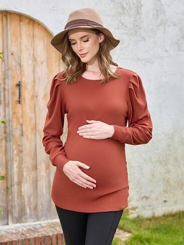 Ecavus Women's Maternity Shirts Ribbed Puff Long Sleeve Tunic Tops Side Ruched Casual Pregnancy Clothes in Saudi Arabia