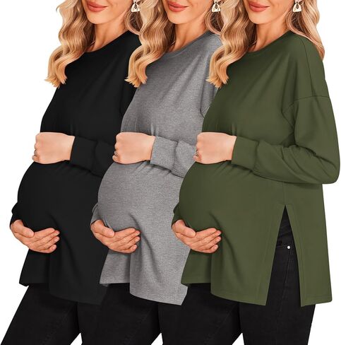 Ekouaer Womens 3 Packs Maternity Shirts Long Sleeve Side Ruched Pregnancy Tee Workout Top Tunic Blouse Mama Clothes in Saudi Arabia