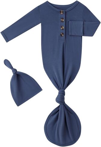 Newborn Baby Boys Girls Knotted Gown Headband/Hat Set Clothes Bamboo Viscose Soft Sleeper Sleep Gown with Mittens in Kuwait