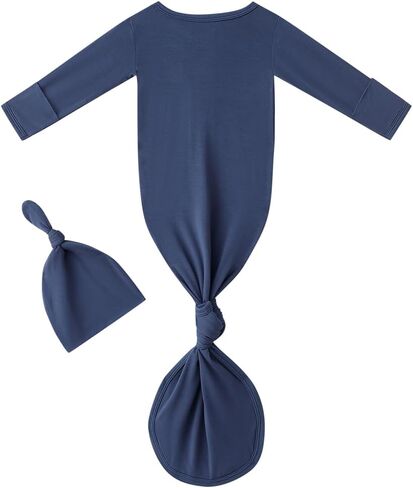 Newborn Baby Boys Girls Knotted Gown Headband/Hat Set Clothes Bamboo Viscose Soft Sleeper Sleep Gown with Mittens in Kuwait