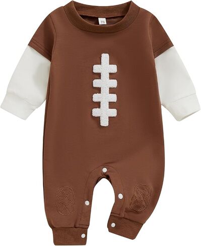 Lamuusaa Newborn Baby Boy Football Outfit Long Sleeve Football Embroidery Romper One Piece Bodysuit Jumpsuit 0-18M in Saudi Arabia