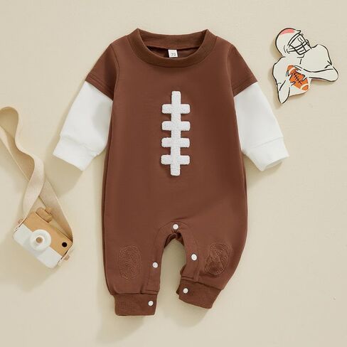 Lamuusaa Newborn Baby Boy Football Outfit Long Sleeve Football Embroidery Romper One Piece Bodysuit Jumpsuit 0-18M in Saudi Arabia