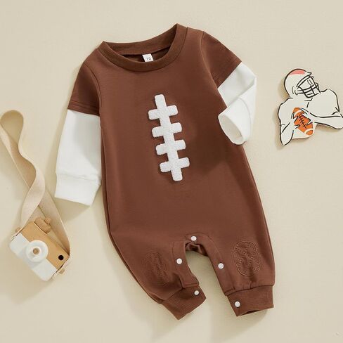 Lamuusaa Newborn Baby Boy Football Outfit Long Sleeve Football Embroidery Romper One Piece Bodysuit Jumpsuit 0-18M in Saudi Arabia