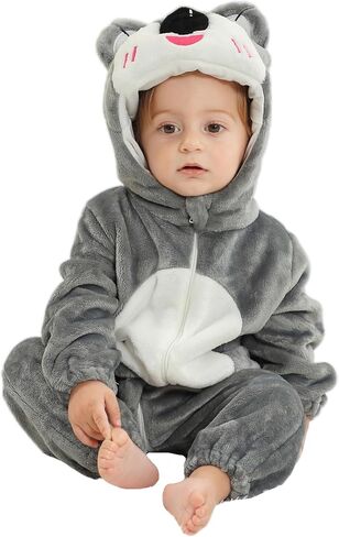 Baby Winter Hooded Romper Jumpsuit, Unisex Kids Flannel Romper, Halloween Toddler Cartoon Animals Onesie in Saudi Arabia