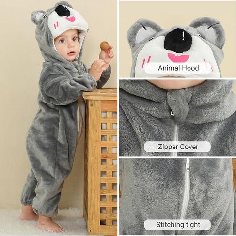 Baby Winter Hooded Romper Jumpsuit, Unisex Kids Flannel Romper, Halloween Toddler Cartoon Animals Onesie in Saudi Arabia