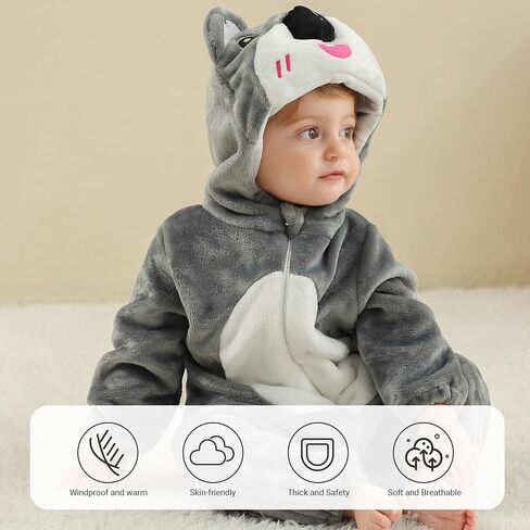 Baby Winter Hooded Romper Jumpsuit, Unisex Kids Flannel Romper, Halloween Toddler Cartoon Animals Onesie in Saudi Arabia