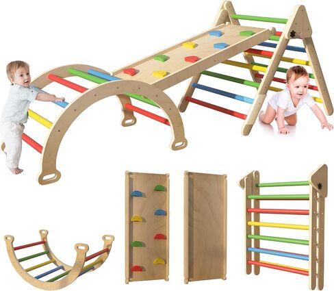 7-in-1 Wooden Pikler Triangle Climbing Set, Toddler Climbing Toys Indoor & Outdoor Fun with Ramp, Climbing Toys for Toddlers 1-3 Inside, Rainbow Colored Playground Baby Climbing Toys. in Kuwait