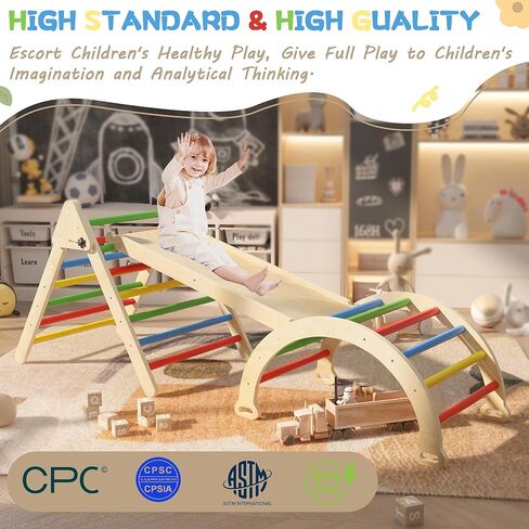 7-in-1 Wooden Pikler Triangle Climbing Set, Toddler Climbing Toys Indoor & Outdoor Fun with Ramp, Climbing Toys for Toddlers 1-3 Inside, Rainbow Colored Playground Baby Climbing Toys. in Kuwait