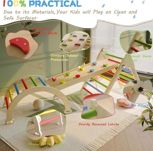 7-in-1 Wooden Pikler Triangle Climbing Set, Toddler Climbing Toys Indoor & Outdoor Fun with Ramp, Climbing Toys for Toddlers 1-3 Inside, Rainbow Colored Playground Baby Climbing Toys. in Kuwait