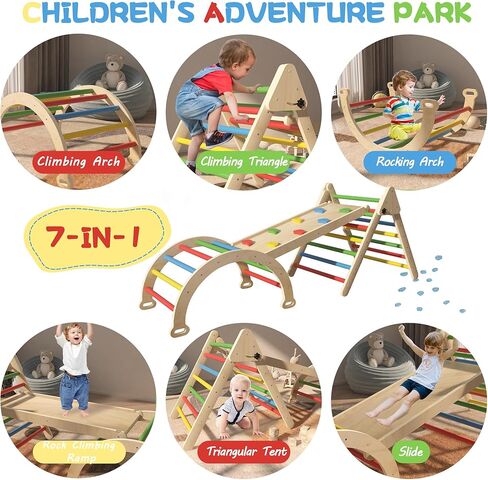7-in-1 Wooden Pikler Triangle Climbing Set, Toddler Climbing Toys Indoor & Outdoor Fun with Ramp, Climbing Toys for Toddlers 1-3 Inside, Rainbow Colored Playground Baby Climbing Toys. in Kuwait