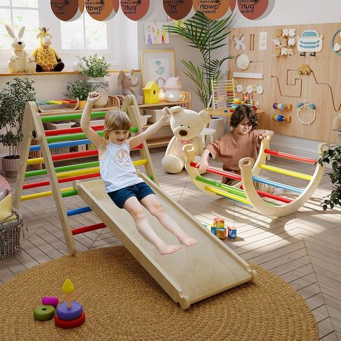 7-in-1 Wooden Pikler Triangle Climbing Set, Toddler Climbing Toys Indoor & Outdoor Fun with Ramp, Climbing Toys for Toddlers 1-3 Inside, Rainbow Colored Playground Baby Climbing Toys. in Kuwait