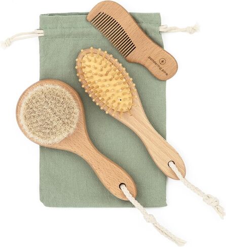 Natural Baby Hair Brush Set - Wooden Brushes and Comb with Boho Travel Bag for Girl or Boy - Soft Goat Hair Brush for Cradle Cap, Bamboo Toddler Hair Brush, Newborn Hairbrush for Scalp Grooming in Saudi Arabia