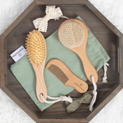 Natural Baby Hair Brush Set - Wooden Brushes and Comb with Boho Travel Bag for Girl or Boy - Soft Goat Hair Brush for Cradle Cap, Bamboo Toddler Hair Brush, Newborn Hairbrush for Scalp Grooming in Saudi Arabia