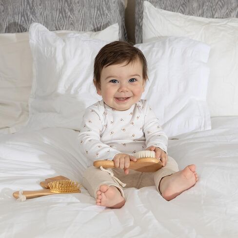 Natural Baby Hair Brush Set - Wooden Brushes and Comb with Boho Travel Bag for Girl or Boy - Soft Goat Hair Brush for Cradle Cap, Bamboo Toddler Hair Brush, Newborn Hairbrush for Scalp Grooming in Saudi Arabia