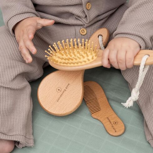 Natural Baby Hair Brush Set - Wooden Brushes and Comb with Boho Travel Bag for Girl or Boy - Soft Goat Hair Brush for Cradle Cap, Bamboo Toddler Hair Brush, Newborn Hairbrush for Scalp Grooming in Saudi Arabia