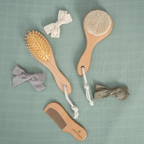 Natural Baby Hair Brush Set - Wooden Brushes and Comb with Boho Travel Bag for Girl or Boy - Soft Goat Hair Brush for Cradle Cap, Bamboo Toddler Hair Brush, Newborn Hairbrush for Scalp Grooming in Saudi Arabia