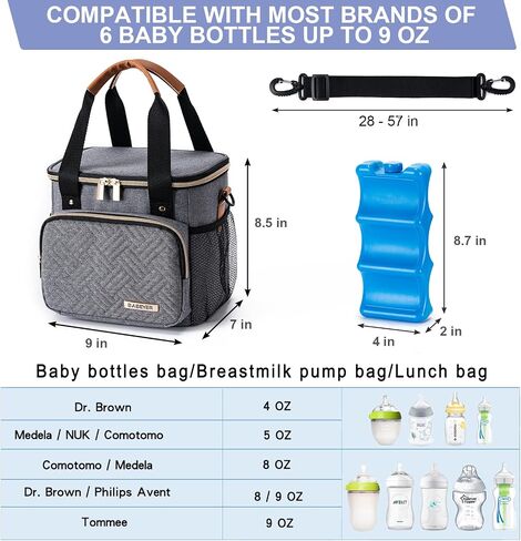 Breastmilk Cooler Bag with Ice Pack Fits 6 Baby Bottles up to 9 Ounce, Breast Milk Pump Cooler Bag for Nursing Mom Daycare, Work, Travel-Light Grey in Saudi Arabia