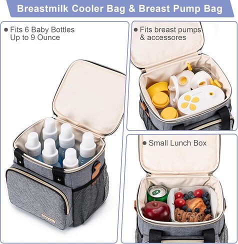 Breastmilk Cooler Bag with Ice Pack Fits 6 Baby Bottles up to 9 Ounce, Breast Milk Pump Cooler Bag for Nursing Mom Daycare, Work, Travel-Light Grey in Saudi Arabia