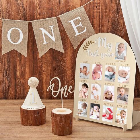 4 Pcs My First Year Photo Board 1st Birthday Wood Acrylic Sign 12 Monthly Picture Frame First Birthday High Chair Banner Cone Hat One Cake Topper First Birthday Decorations for Boy Girls in Saudi Arabia